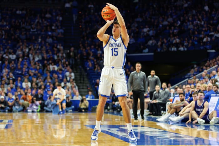 Nov 17, 2023; Lexington, Kentucky, USA; Kentucky Wildcats guard Reed Sheppard (15) makes a three point basket during the second half against the Stonehill Skyhawks at Rupp Arena at Central Bank Center. Mandatory Credit: Jordan Prather-USA TODAY Sports